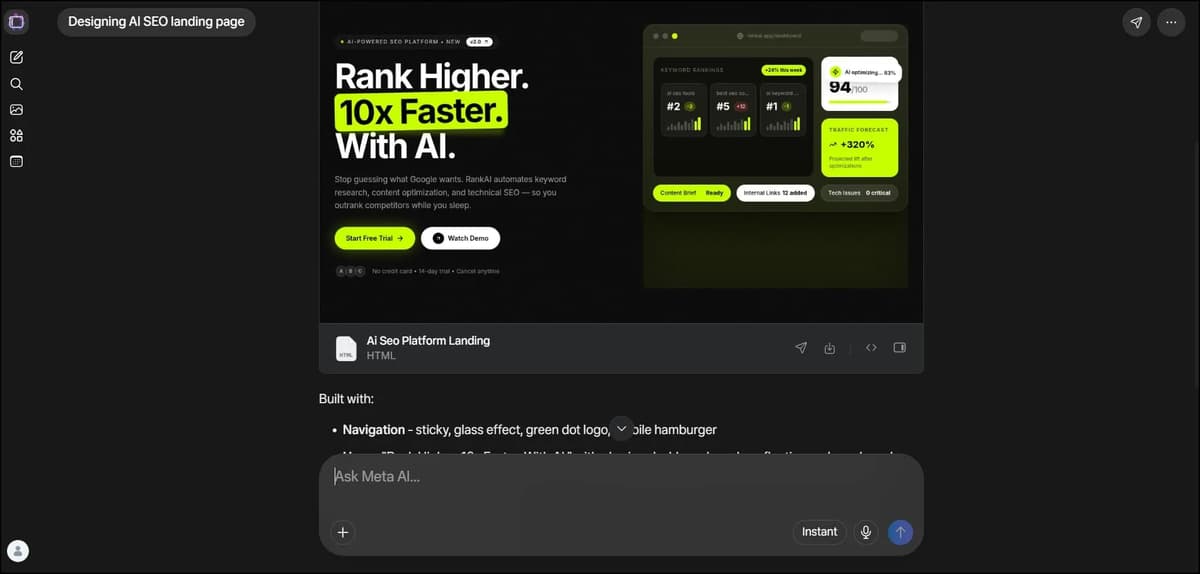 Meta AI website-building interface with an AI SEO landing page